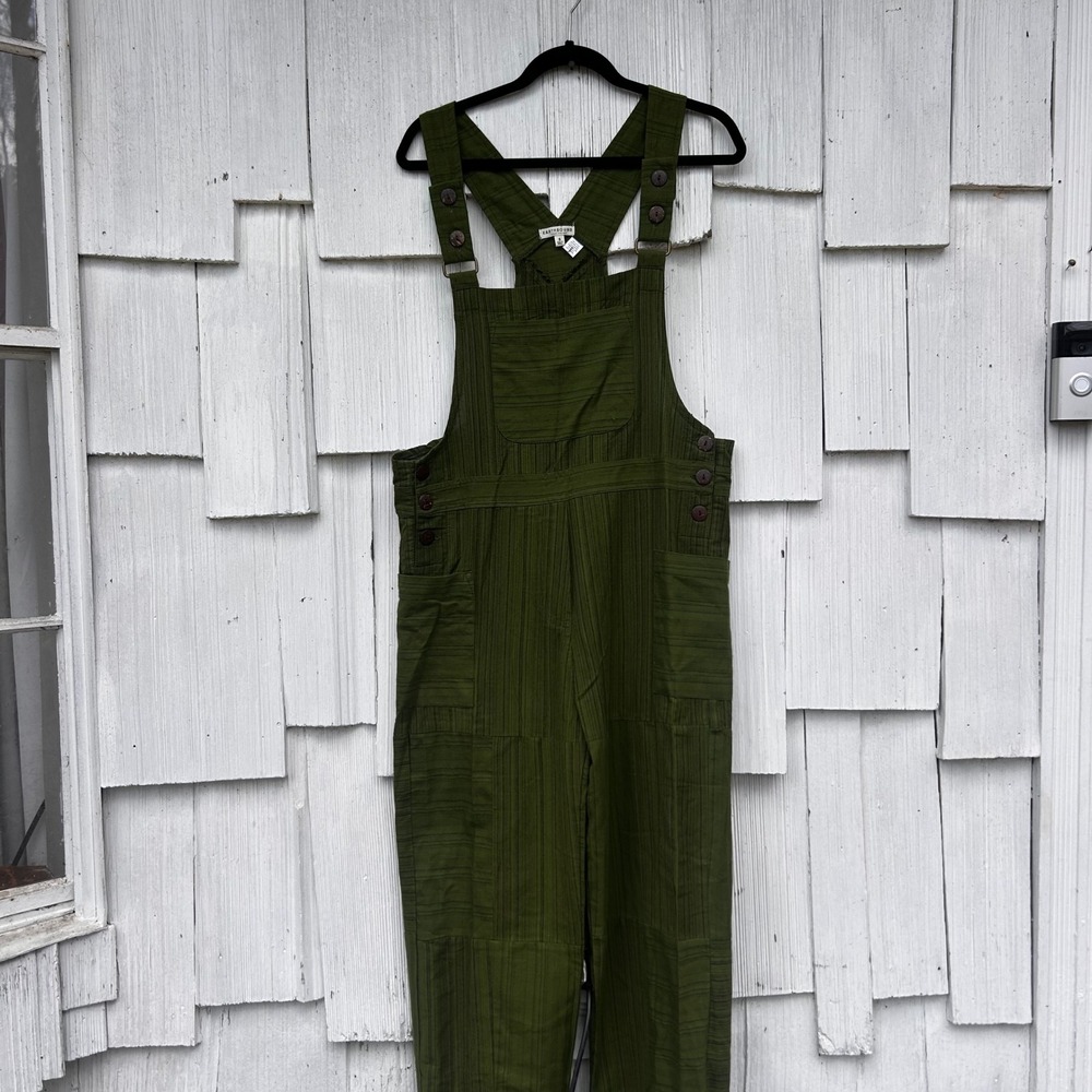 Earthbound Trading Co Olive Green Striped Patchwork Cotton Overalls‎ Small Boho - Picture 2 of 9